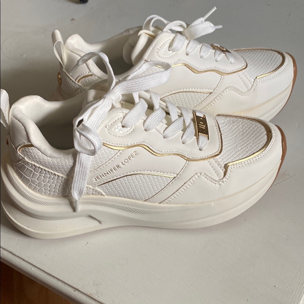 Jennifer Lopez White and Gold Sneakers with Chunky Soles-NEW